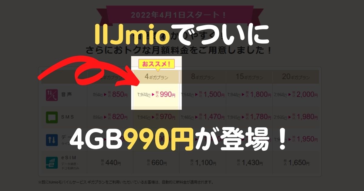 IIJmioが4月1日より4GB990円に料金改定されるぞぉぉ！